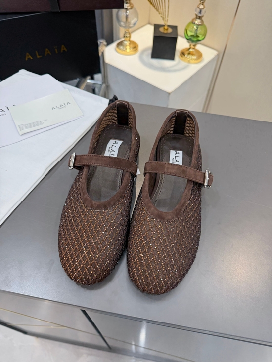Alaia Shoes - ALAÏA Dark Brown Rhinestone Ballet Flats